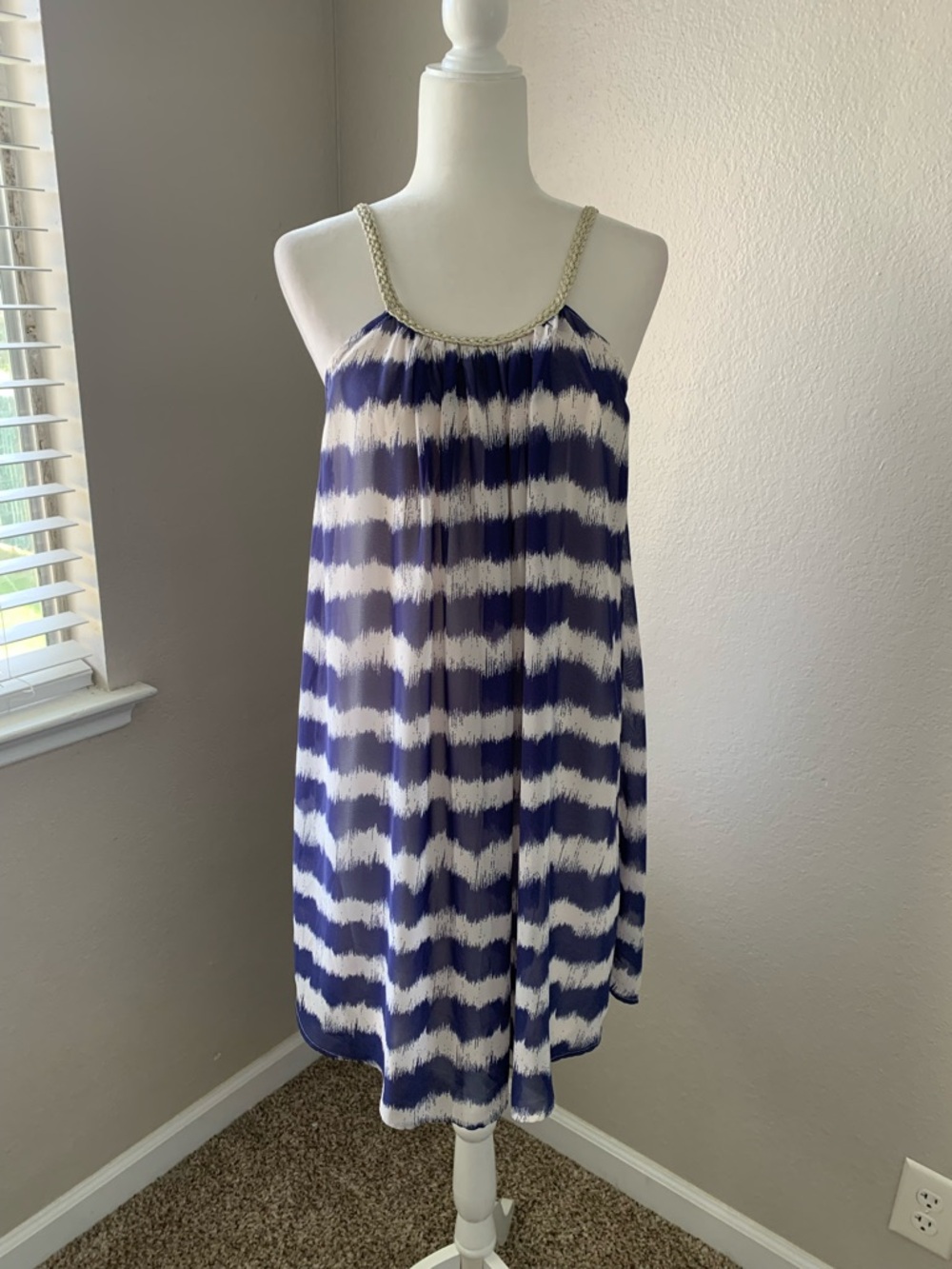Charming Charlie Navy and White Striped Sundress with Braided Trim